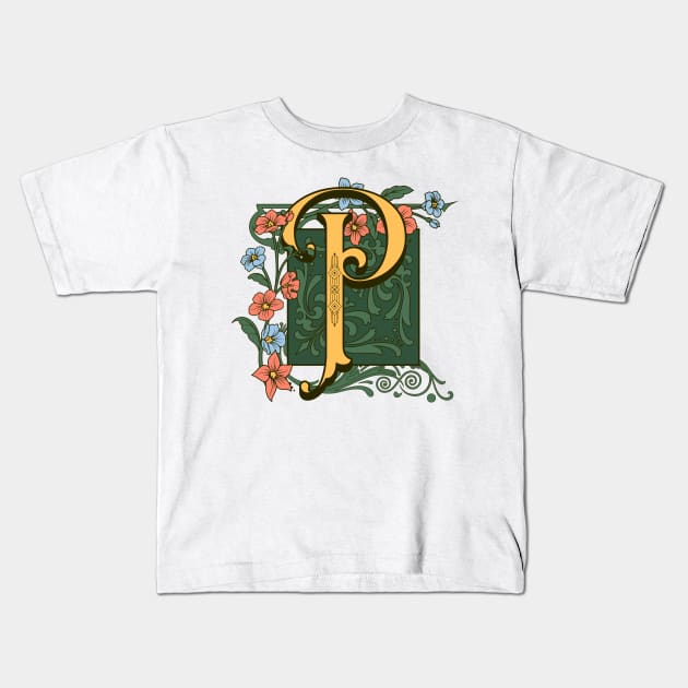 Art Nouveau Letter P, Ornamental Letter P, Art Deco Kids T-Shirt by Promen Art